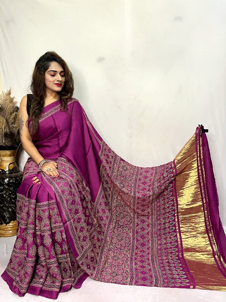 Modal fine Silk Hand Blocked Ajrakh work Saree - Premium from Ethenika.com - Just INR 5990! Shop now at Ethenika.com