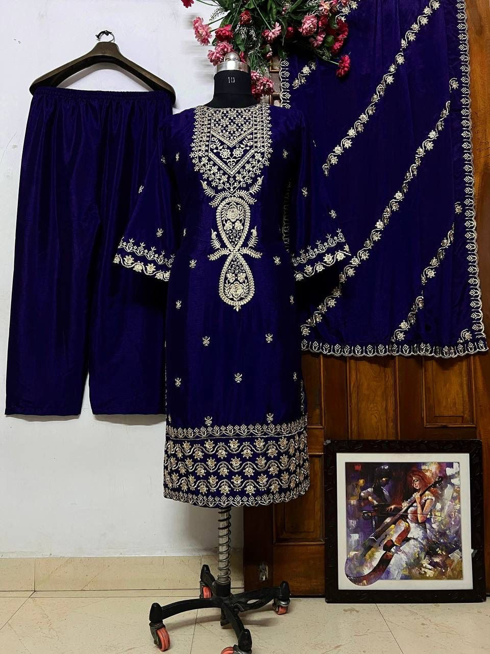 Chinon Silk Sequence Embroidery Work Designer Kurti Pant Dupatta Set (Ready to Wear)