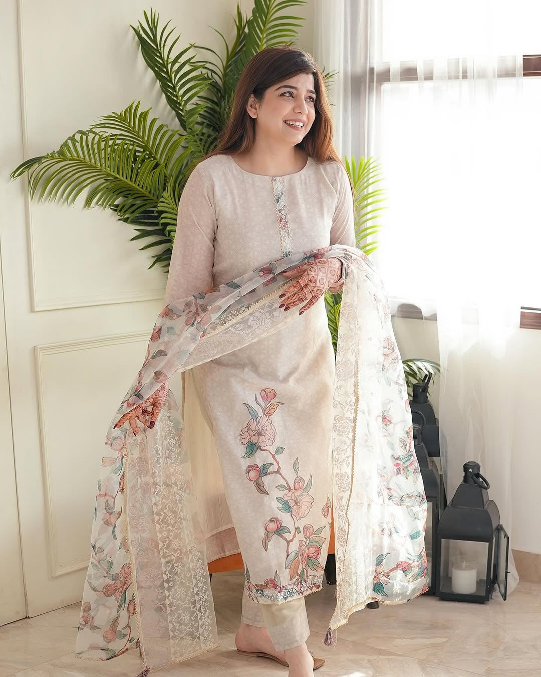 Linen Cotton Digital Floral Print work White Summer Wear Kurti Pant Dupatta Set (Stitched) - Premium from Ethenika.com - Just INR 2490! Shop now at Ethenika.com