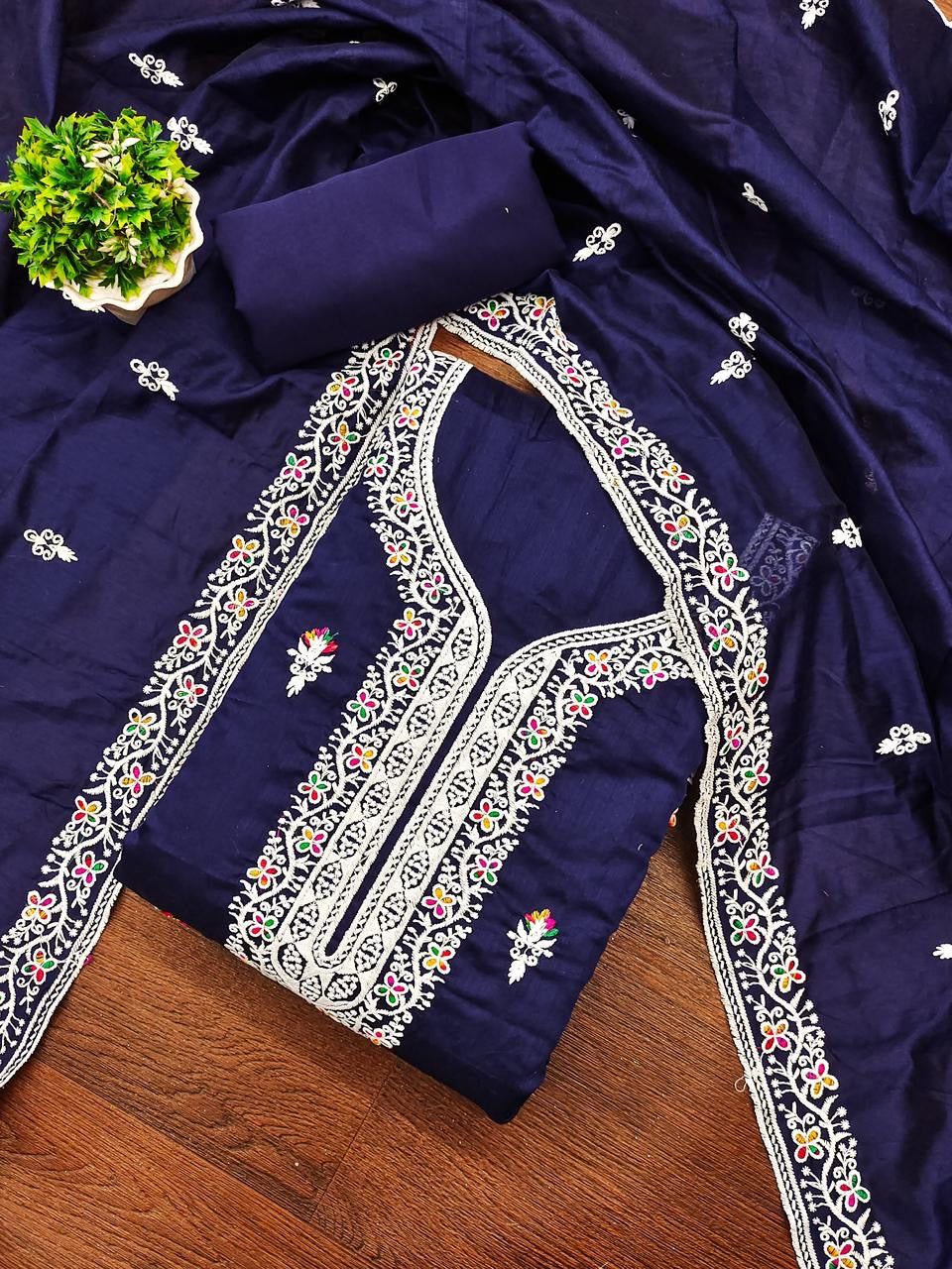 Heavy Chanderi Neck Embroidery work Dress Material (Unstitched) - Premium from Ethenika.com - Just INR 0! Shop now at Ethenika.com