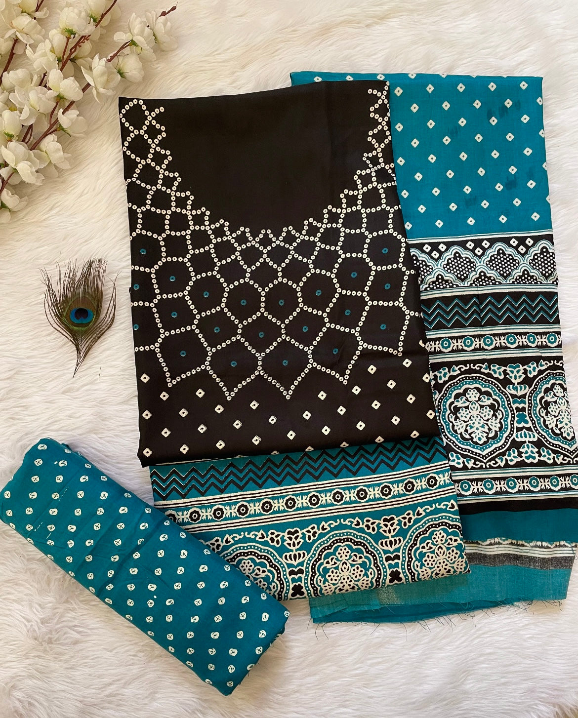 Rayon Cotton Ajrakh Hand block with Bandhani Print Dress Material (Unstitched) - Premium from Ethenika.com - Just INR 1790! Shop now at Ethenika.com