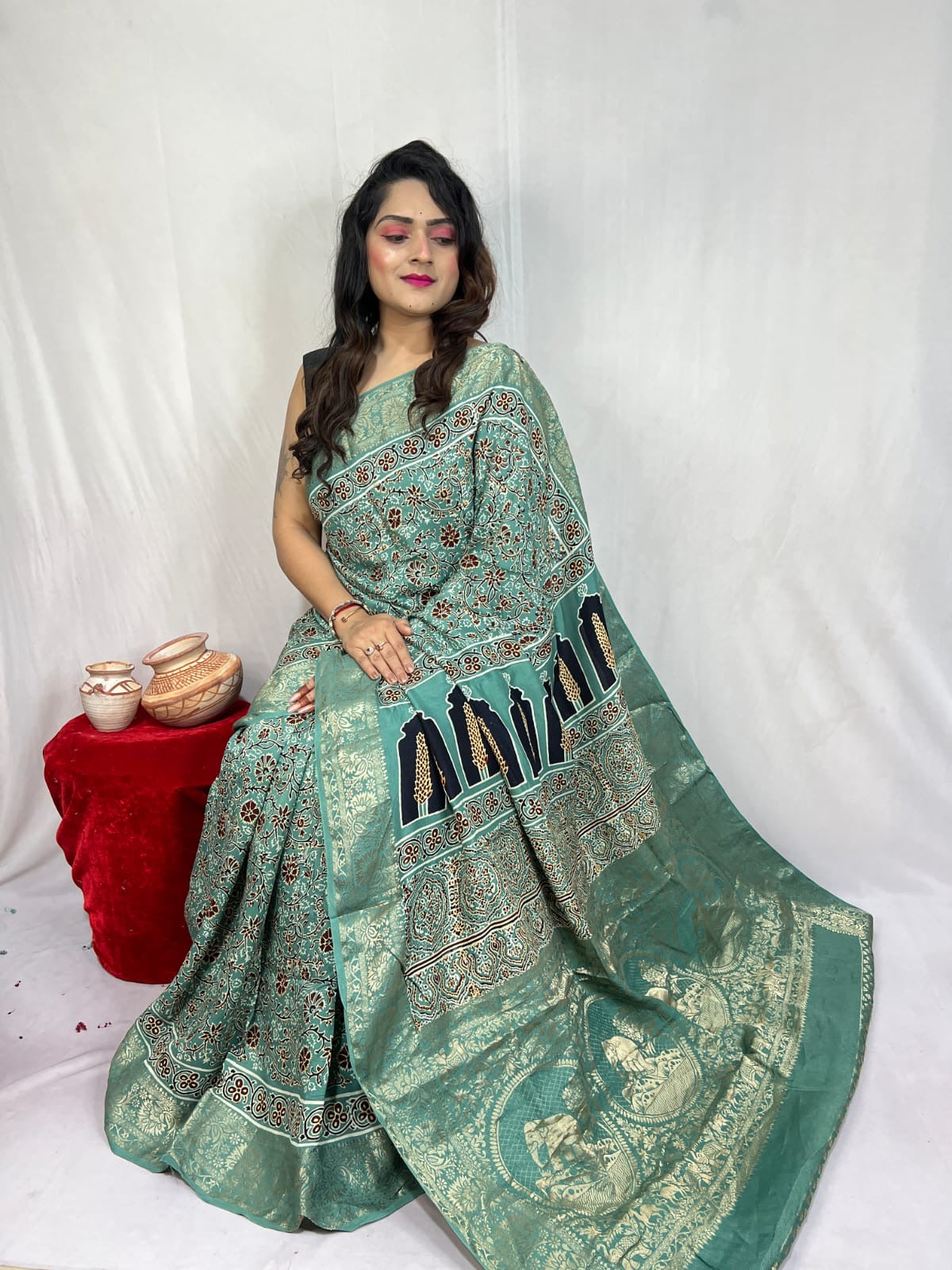 Dola Silk Original Handblocked Ajrakh work Saree - Premium from Ethenika.com - Just INR 6990! Shop now at Ethenika.com