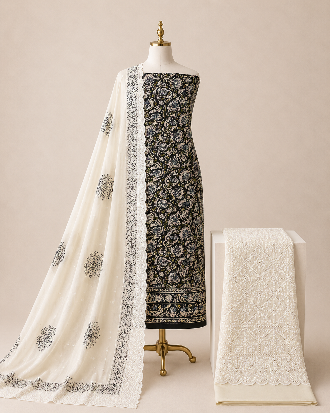 Soft Cotton Hand Blocked Ajrakh with Chikan Work Bottom 3pc Unstitched Dress Material