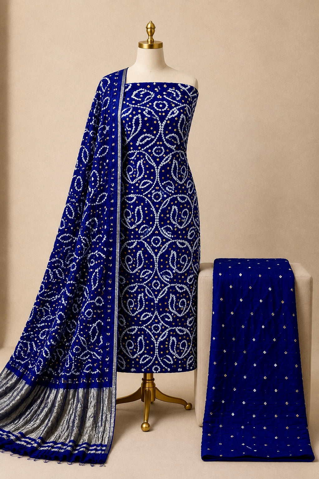 Modal Silk Authentic Handmade Shikari Design 3Pc Unstitched Bandhani Dress Material