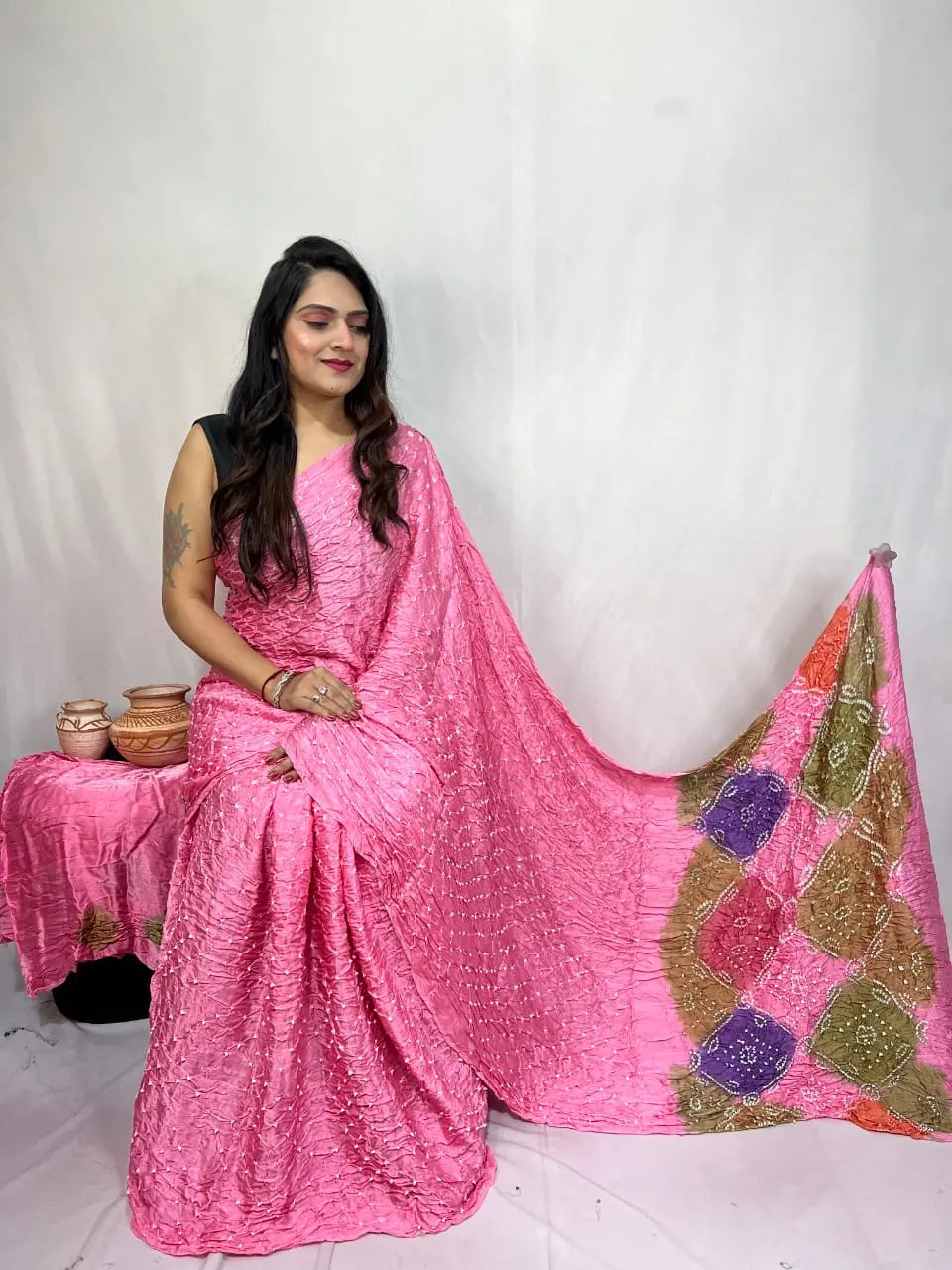 Pure Modal Silk Barik Bandhej Lagdi Pallu Bandhani Saree - Premium from Ethenika.com - Just INR 5990! Shop now at Ethenika.com