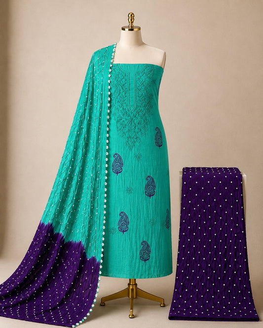 Soft Cotton Lakhnavi Thread Work 3Pc Unstitched Bandhani Dress Material
