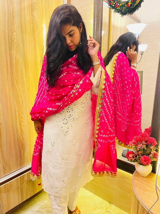 Mirror work Chikankari Kurti with Bandhani Dupatta Pant Set - Premium  from Ethenika.com - Just INR 2490! Shop now at Ethenika.com
