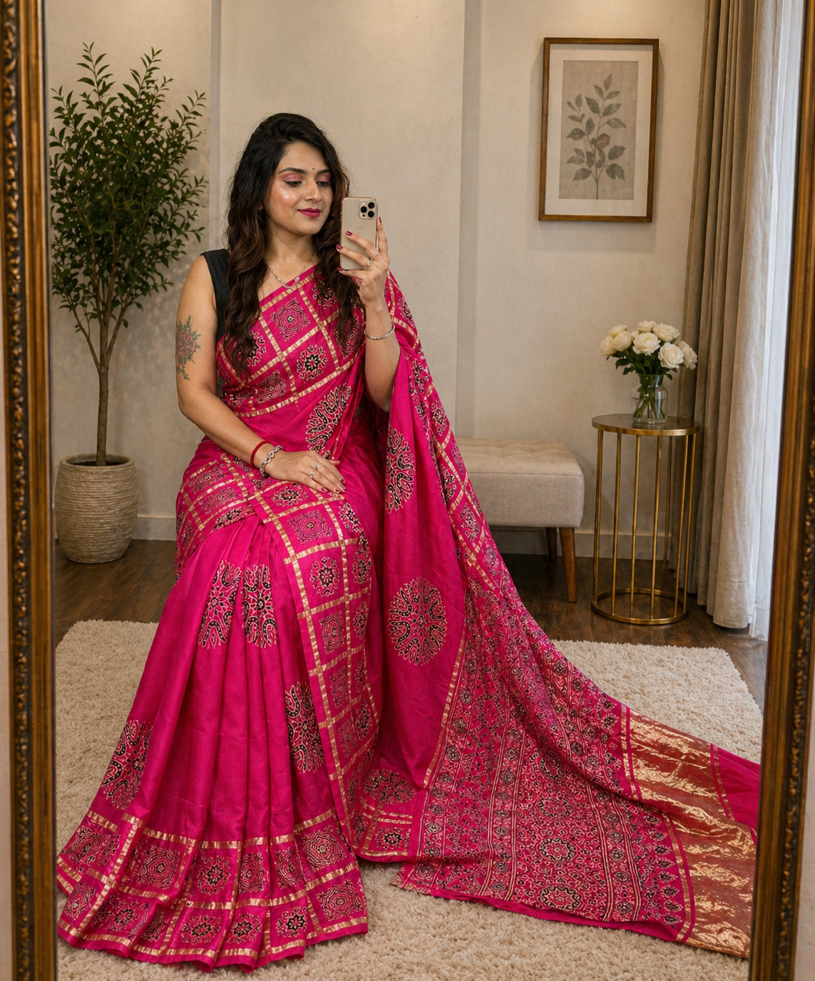 Modal Silk Golden Chex with Block Print Ajrakh Work Saree