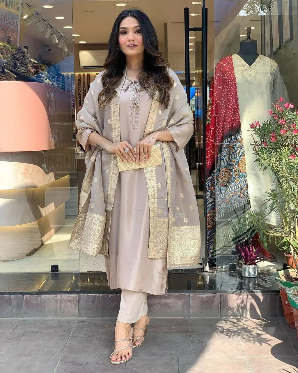Roman Silk Jeckard Hand work Zari Weaving work Kurti Pant Dupatta Set (Stitched) - Premium from Ethenika.com - Just INR 2990! Shop now at Ethenika.com