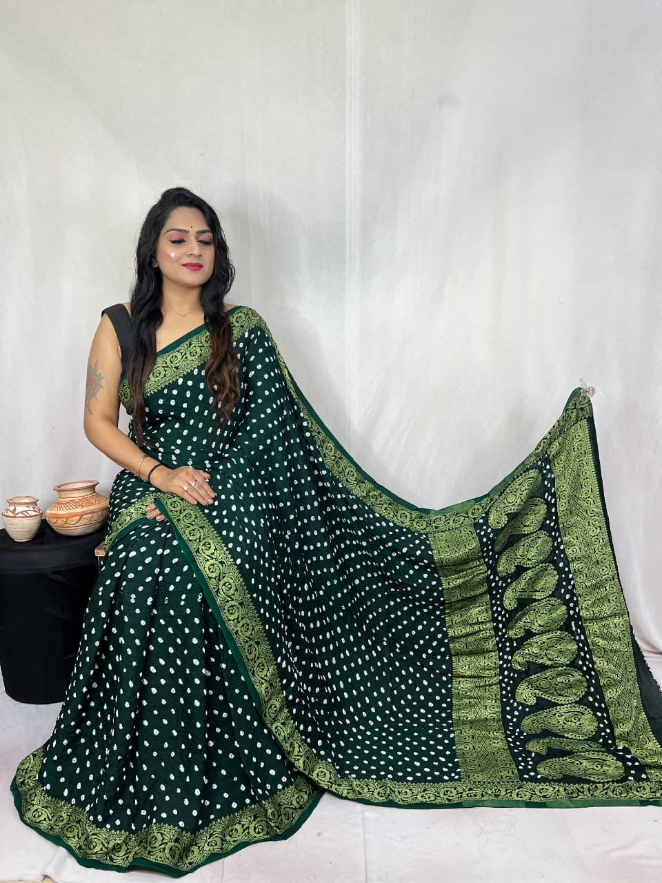 Modal Silk Authentic Hand Crafted Bandhani Saree with Nakshi Border