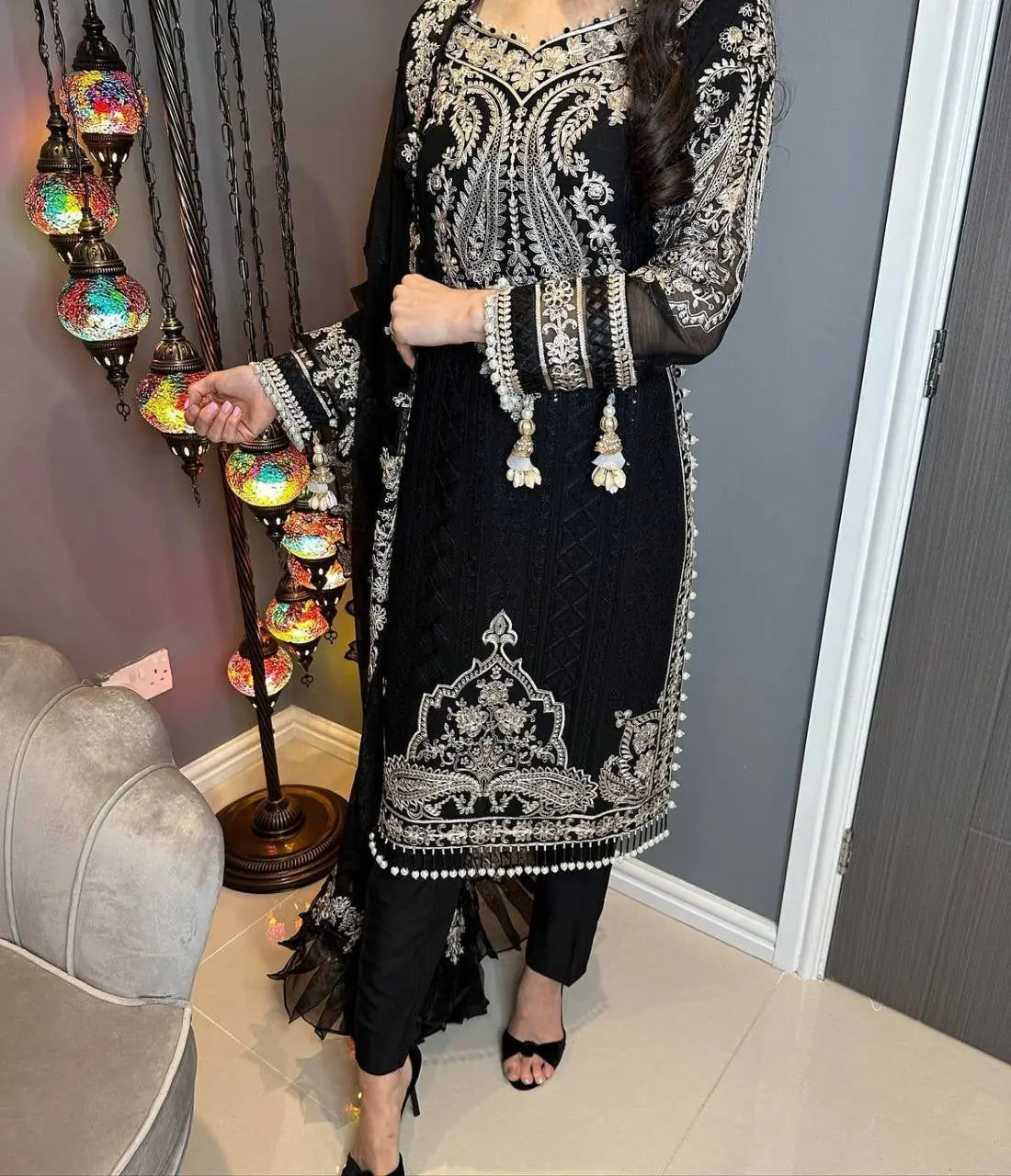 Georgette Zari Embroidery work Long Kurti Palazzo Dupatta Set - Premium from Ethenika.com - Just INR 2890! Shop now at Ethenika.com