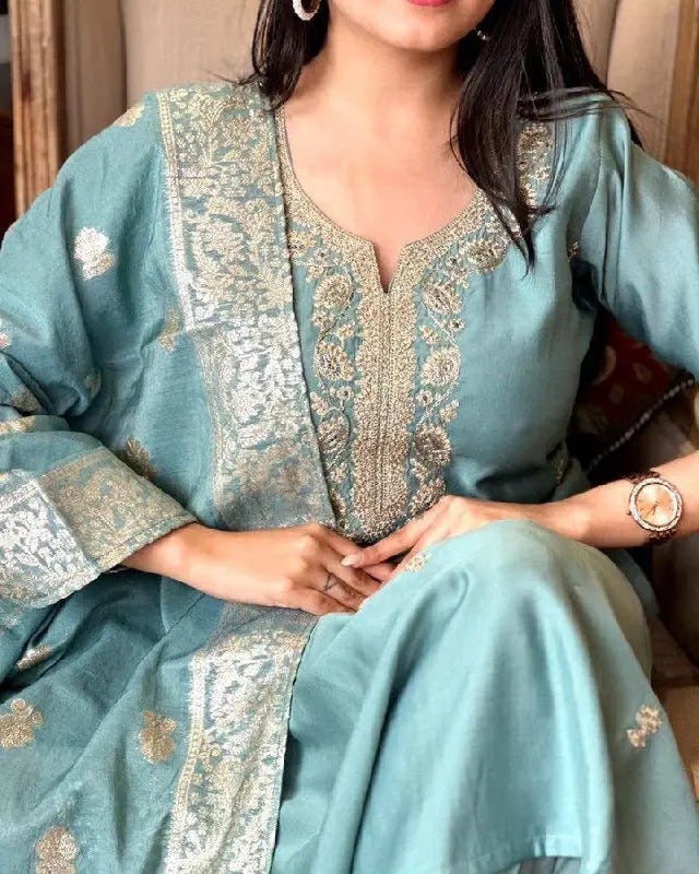 Viscose Chanderi Neck work Kurti Pant Dupatta Set - Premium from Ethenika.com - Just INR 2990! Shop now at Ethenika.com
