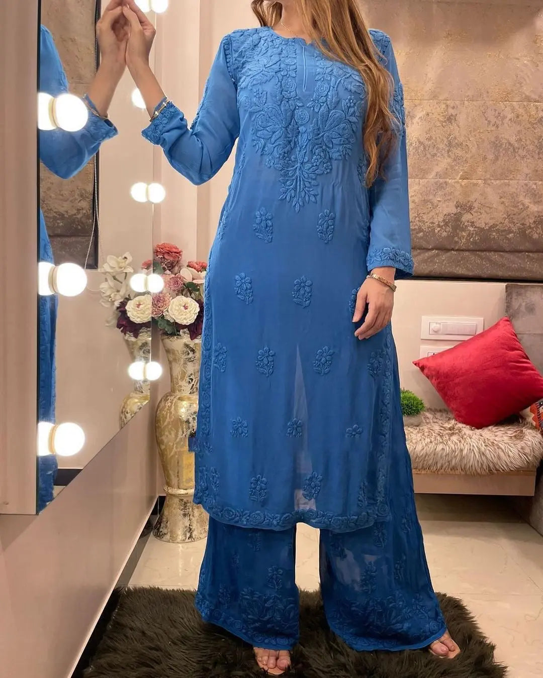 Rayon Chain Stitch Thread work Kurti Palazzo - Premium from Ethenika.com - Just INR 1790! Shop now at Ethenika.com