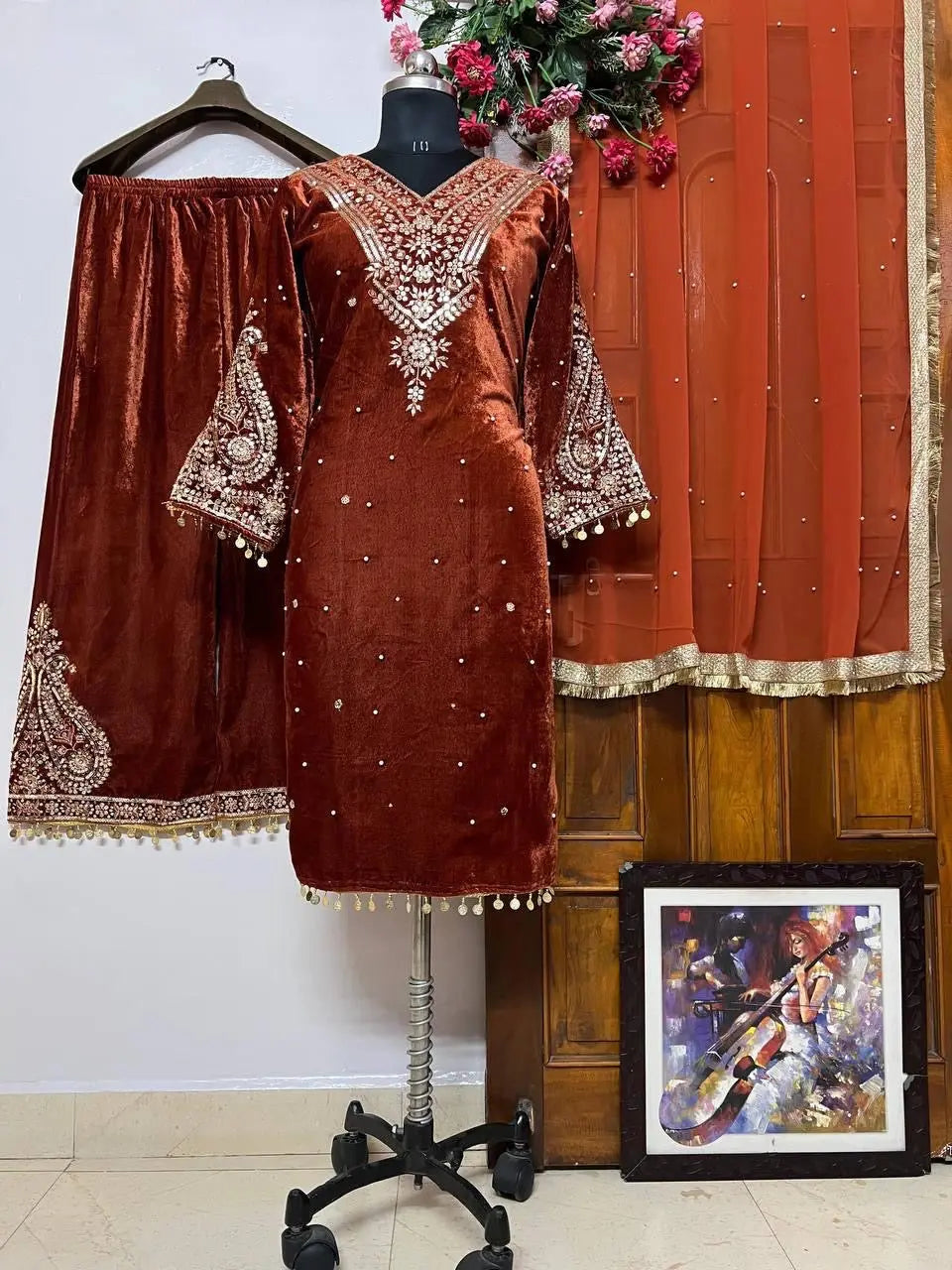 Ethenika Embroidery Work Winter Wear Velvet Kurti Pant Dupatta Set - Premium from Ethenika.com - Just INR 2790! Shop now at Ethenika.com