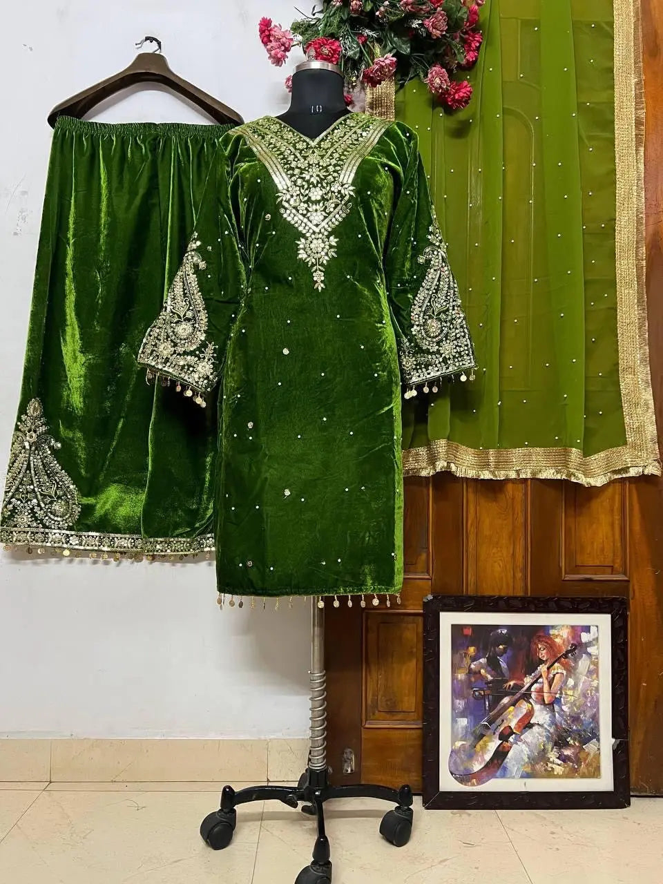 Ethenika Embroidery Work Winter Wear Velvet Kurti Pant Dupatta Set - Premium from Ethenika.com - Just INR 2790! Shop now at Ethenika.com