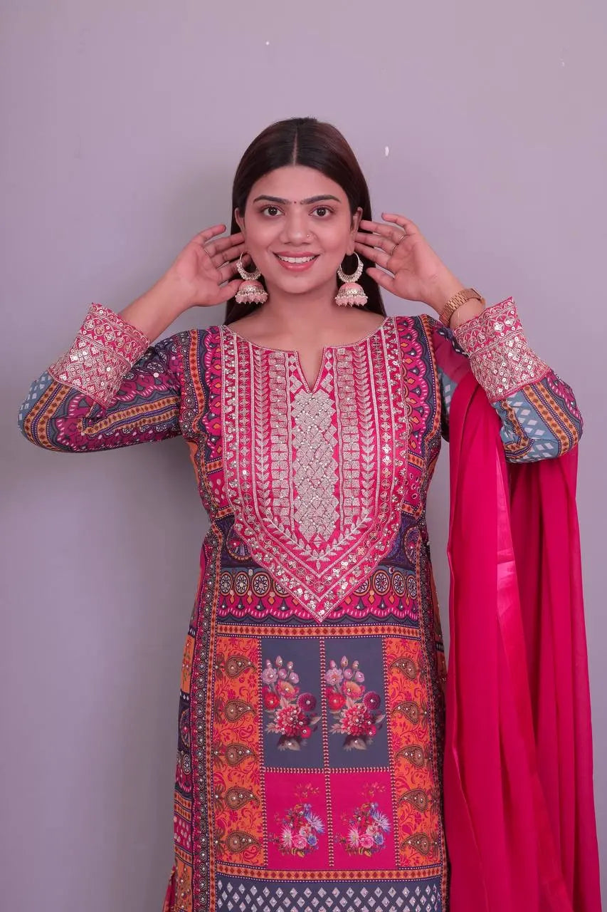 Faux Gerogette stone work Kurti Sharara Dupatta Set - Premium from Ethenika.com - Just INR 3490! Shop now at Ethenika.com