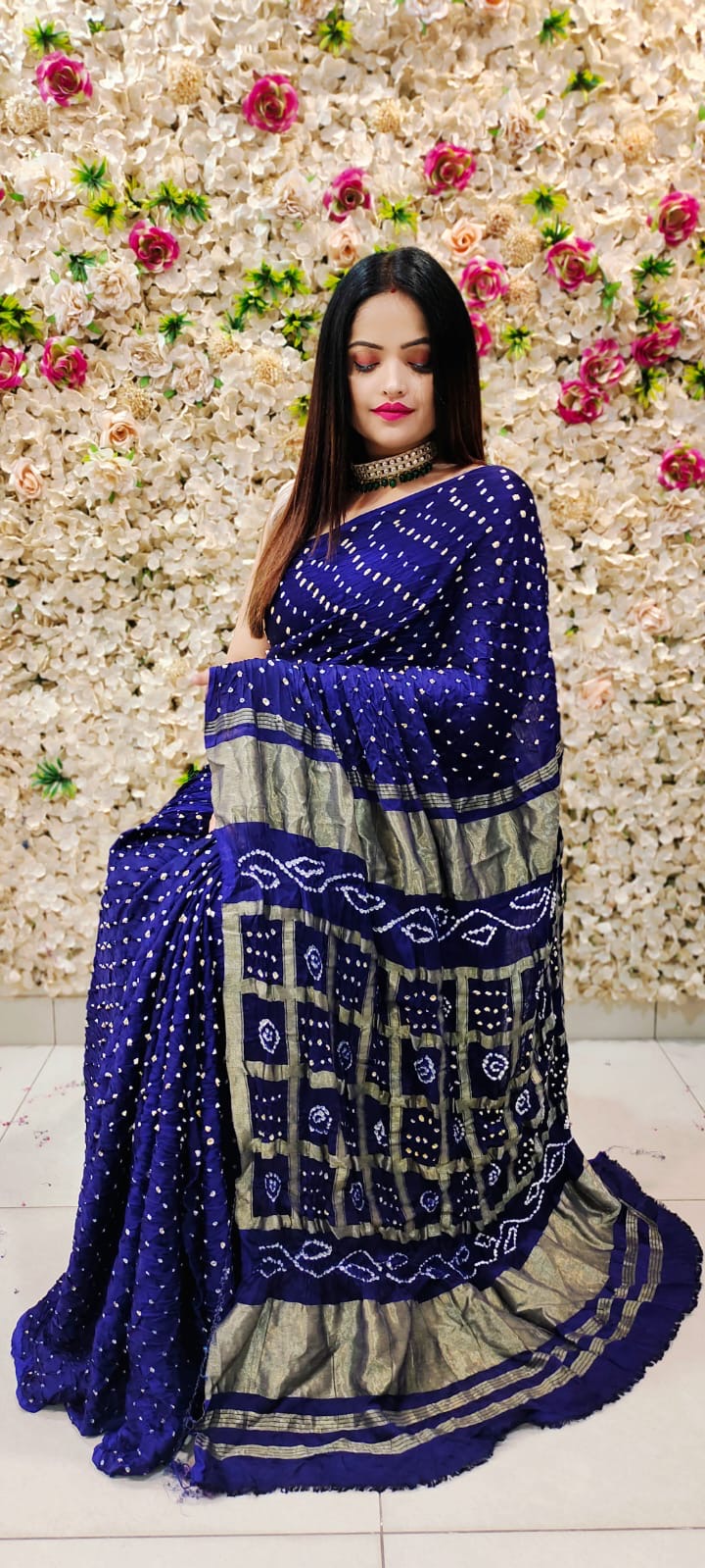 Modal Silk Gharchola Golden Chex work Jamnagar Bandhani Saree