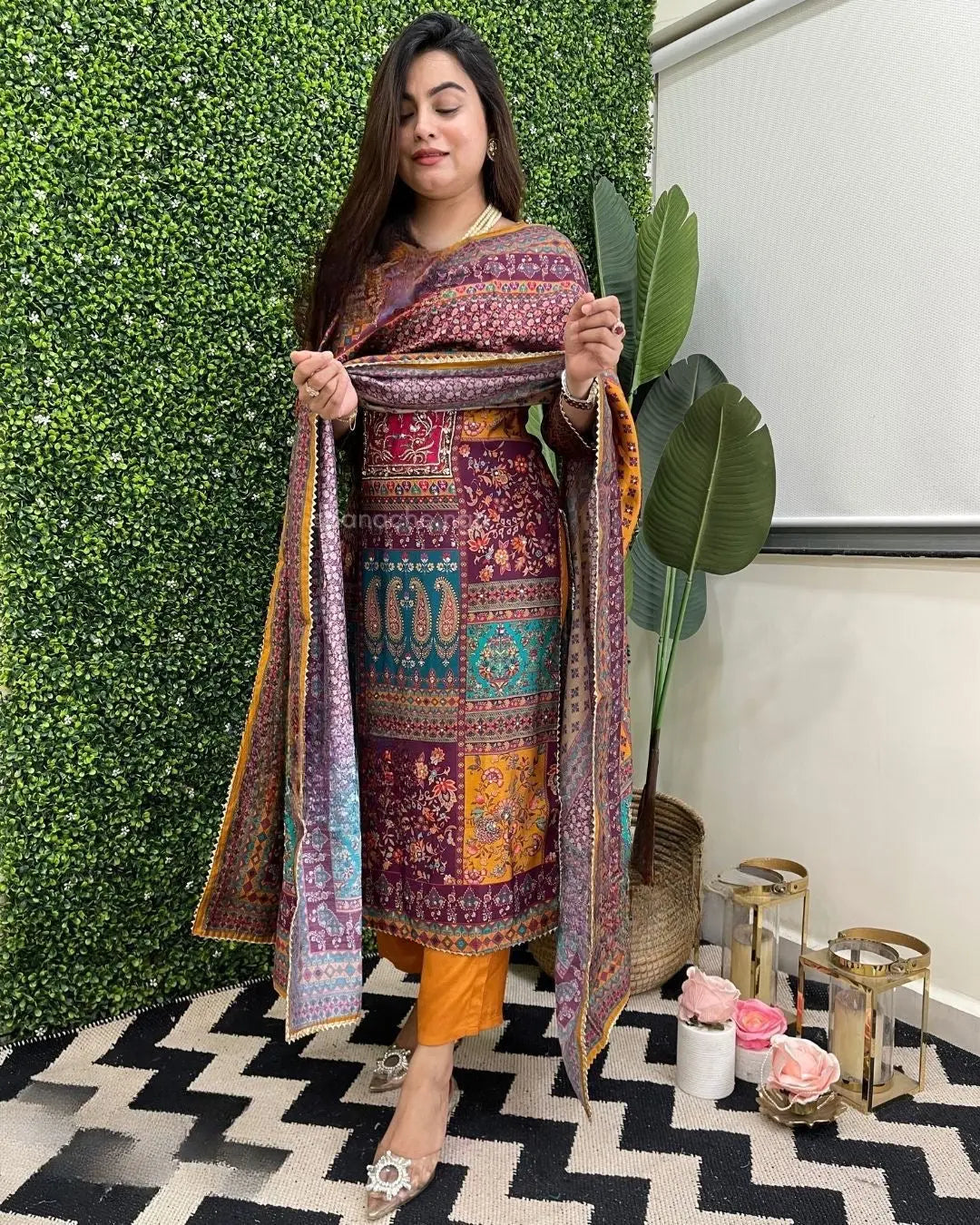 Muslin Real Mirror work Digital Print Party wear Kurti Pant Dupatta set - Premium from Ethenika.com - Just INR 2790! Shop now at Ethenika.com