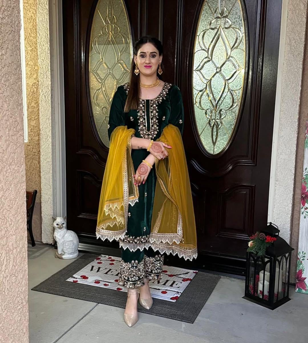 Ethenika Originals Sequence Embroidery with Moti Work Designer Party Wear Velvet Kurti Pant Dupatta Set (Ready to Wear)