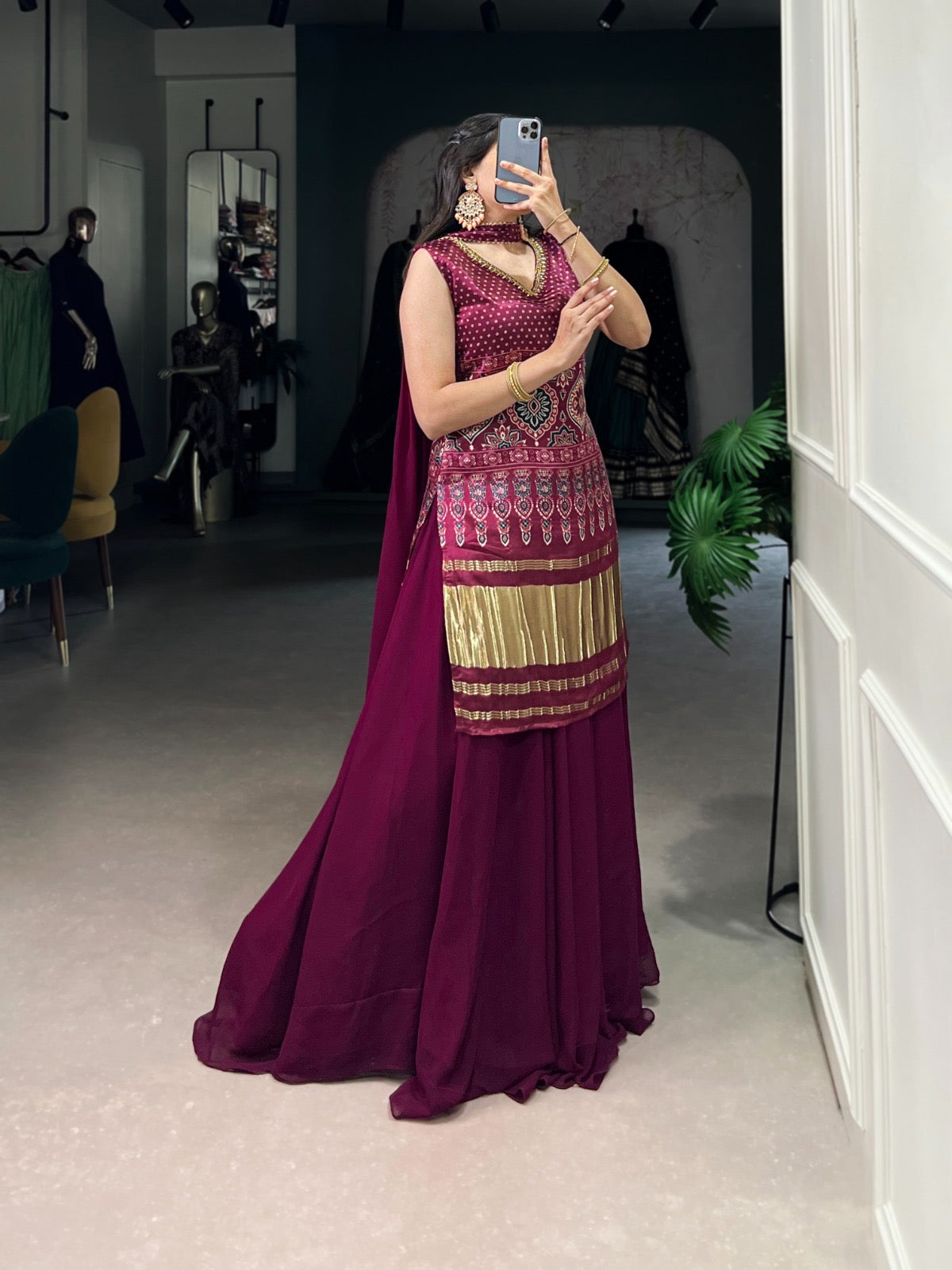 Ghazi Silk Block Print Golden Lagdi Patta work Kurti Palazo Dupatta Set (Ready to Wear) - Premium from Ethenika.com - Just INR 5990! Shop now at Ethenika.com