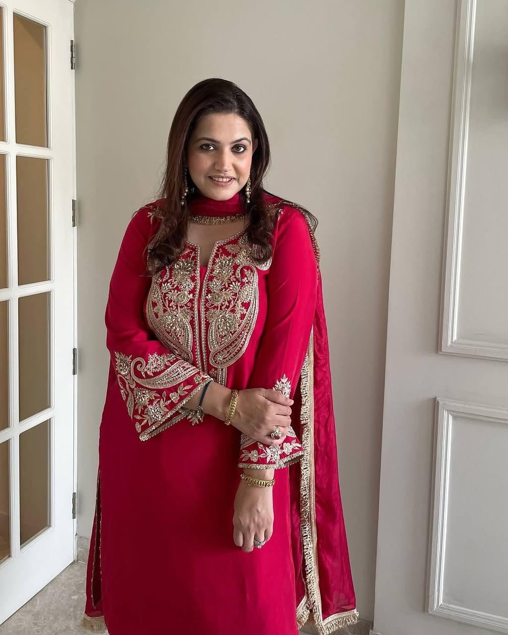 Pure Chinon Silk Sequence Silver Embroidery work Party Wear Kurti Pant Dupatta Set (Stitched) - Premium from Ethenika.com - Just INR 2990! Shop now at Ethenika.com