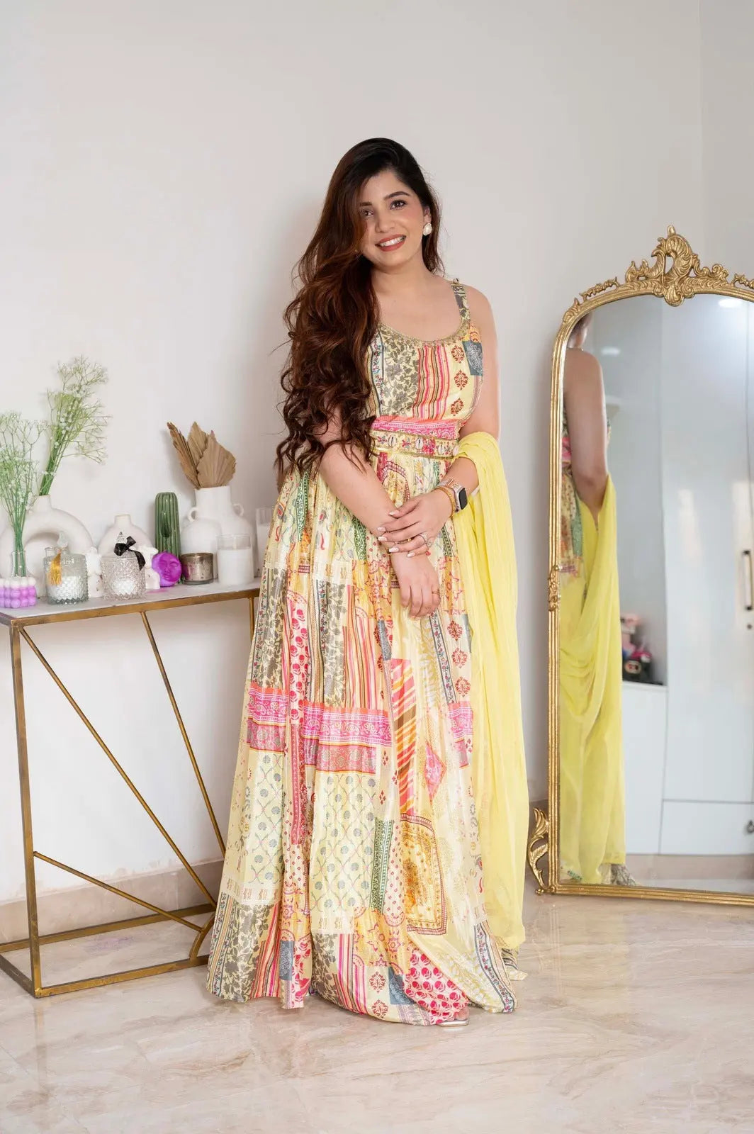 dupatta with maxi dress Floral Print Anarkali Gown Maxi Dress Wedding Party Wear Dupatta Set For Women