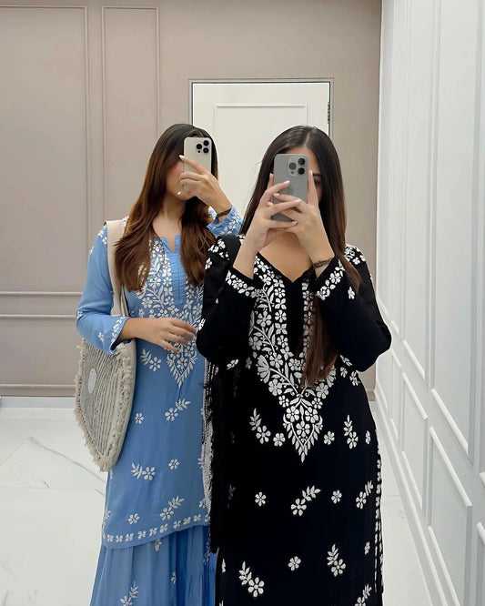 Rayon Cotton Chikankari Thread Embroidery work Kurti Sharara Set (Stitched) - Premium  from Ethenika.com - Just INR 1990! Shop now at Ethenika.com