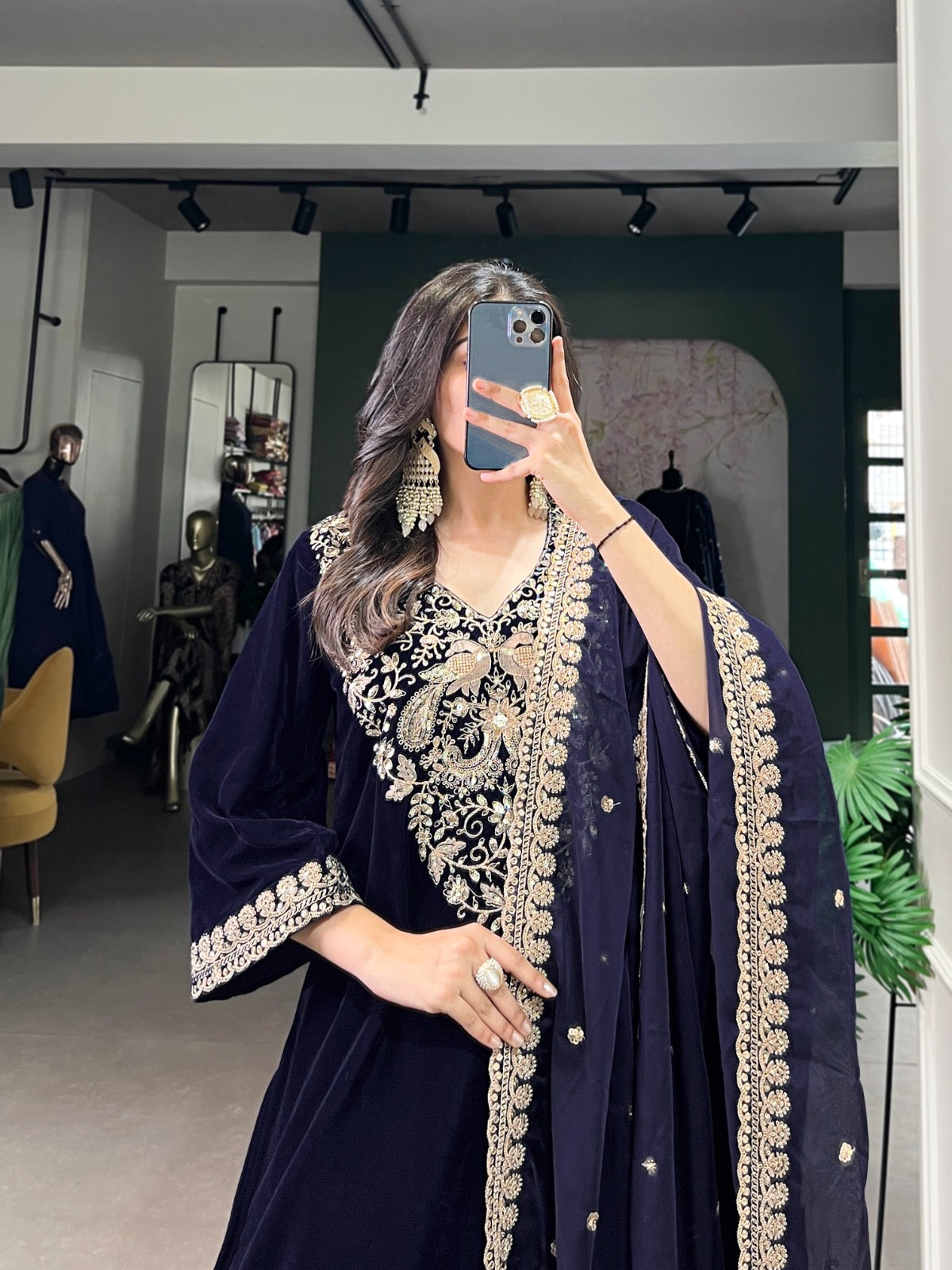 Ethenika Authentic Sequence Embroidery Work Designer Velvet Kurti Pant Dupatta Set (Ready to Wear) - Premium from Ethenika.com - Just INR 4990! Shop now at Ethenika.com