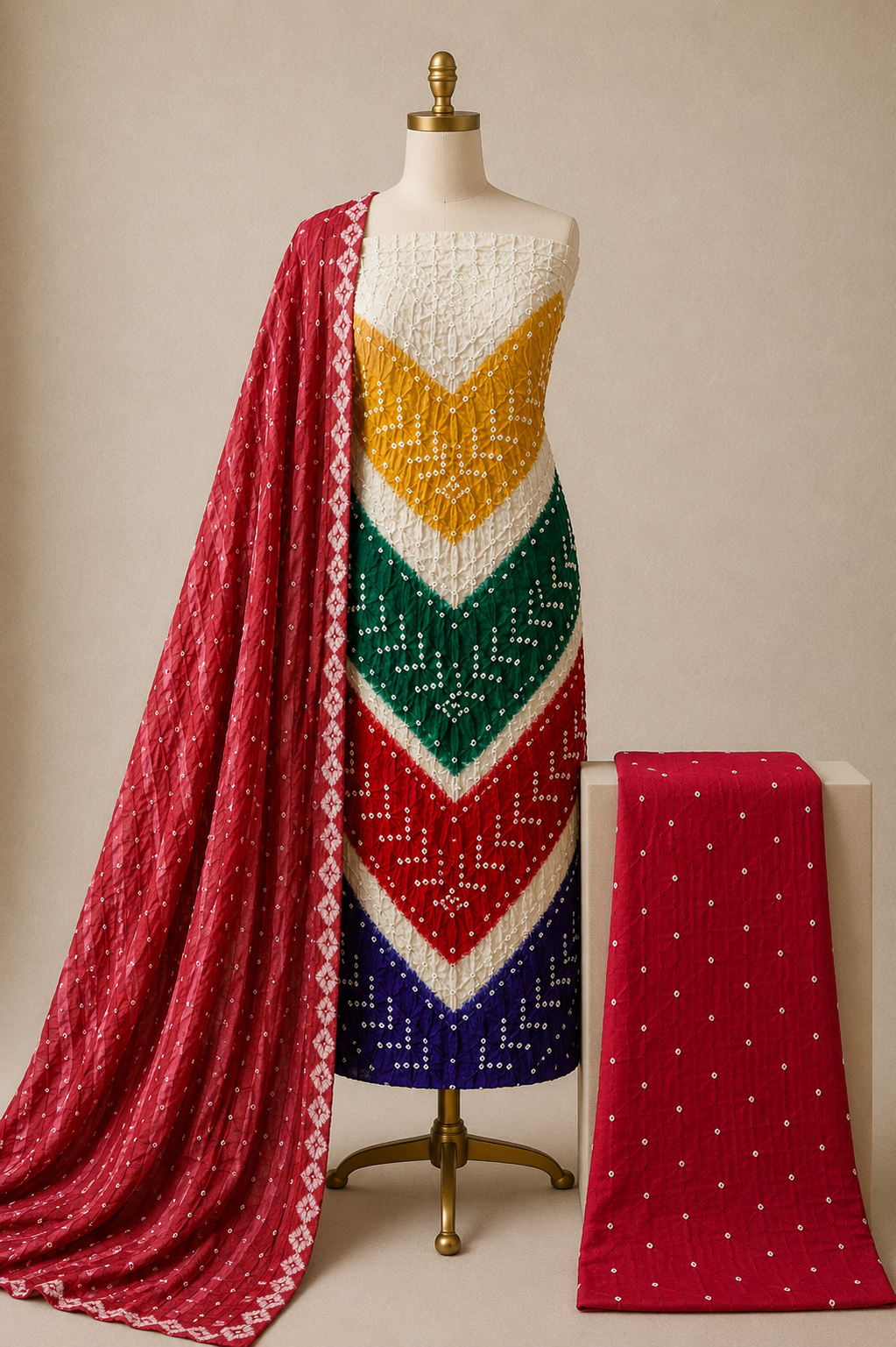 Cotton Satin Multicolor V Panel Kutch 3Pc Unstitched Bandhani Dress Material