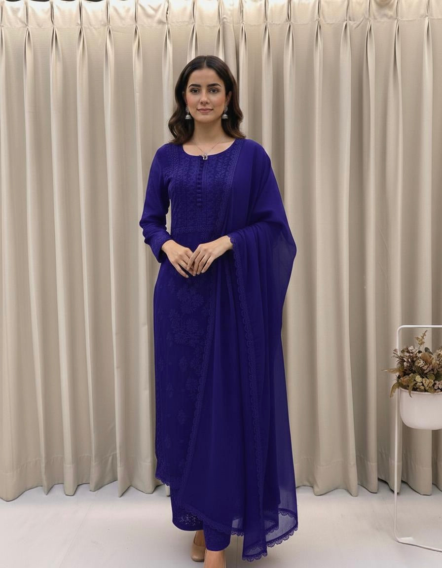 Georgette Chikankari Kurti Palazzo Dupatta Set