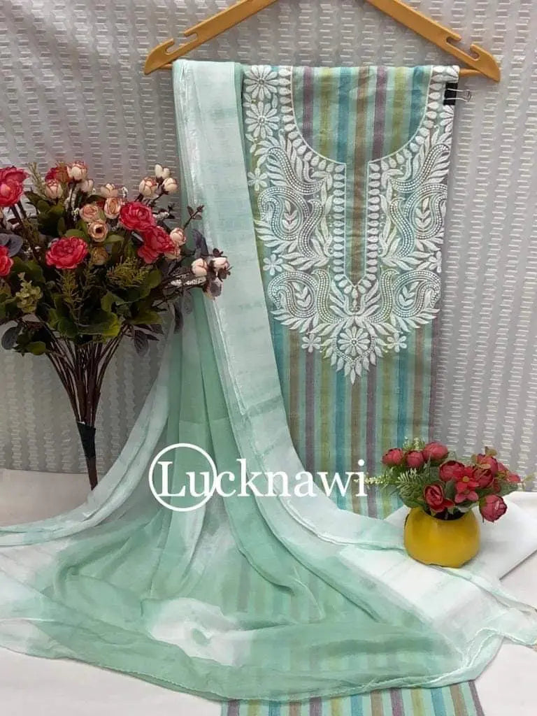 Lucknawis Neck work Embroidery work Stripe pattern Material (Unstitched) Ethenika.com