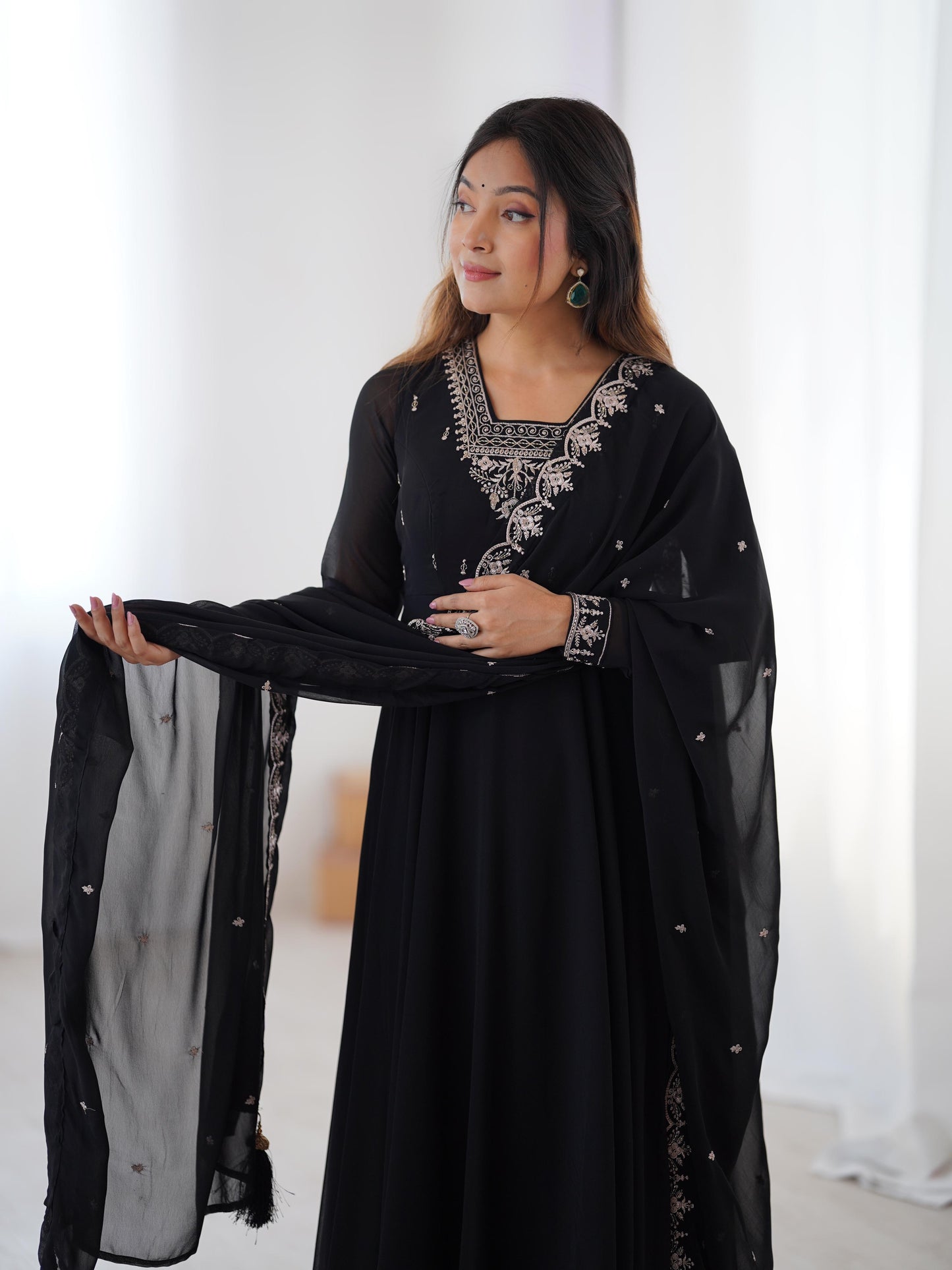 Soft Faux Georgette Black Beauty Anarkali Flair Party Wear Kurti Pant Dupatta Set (Ready to Wear) - Premium from Ethenika.com - Just INR 3990! Shop now at Ethenika.com