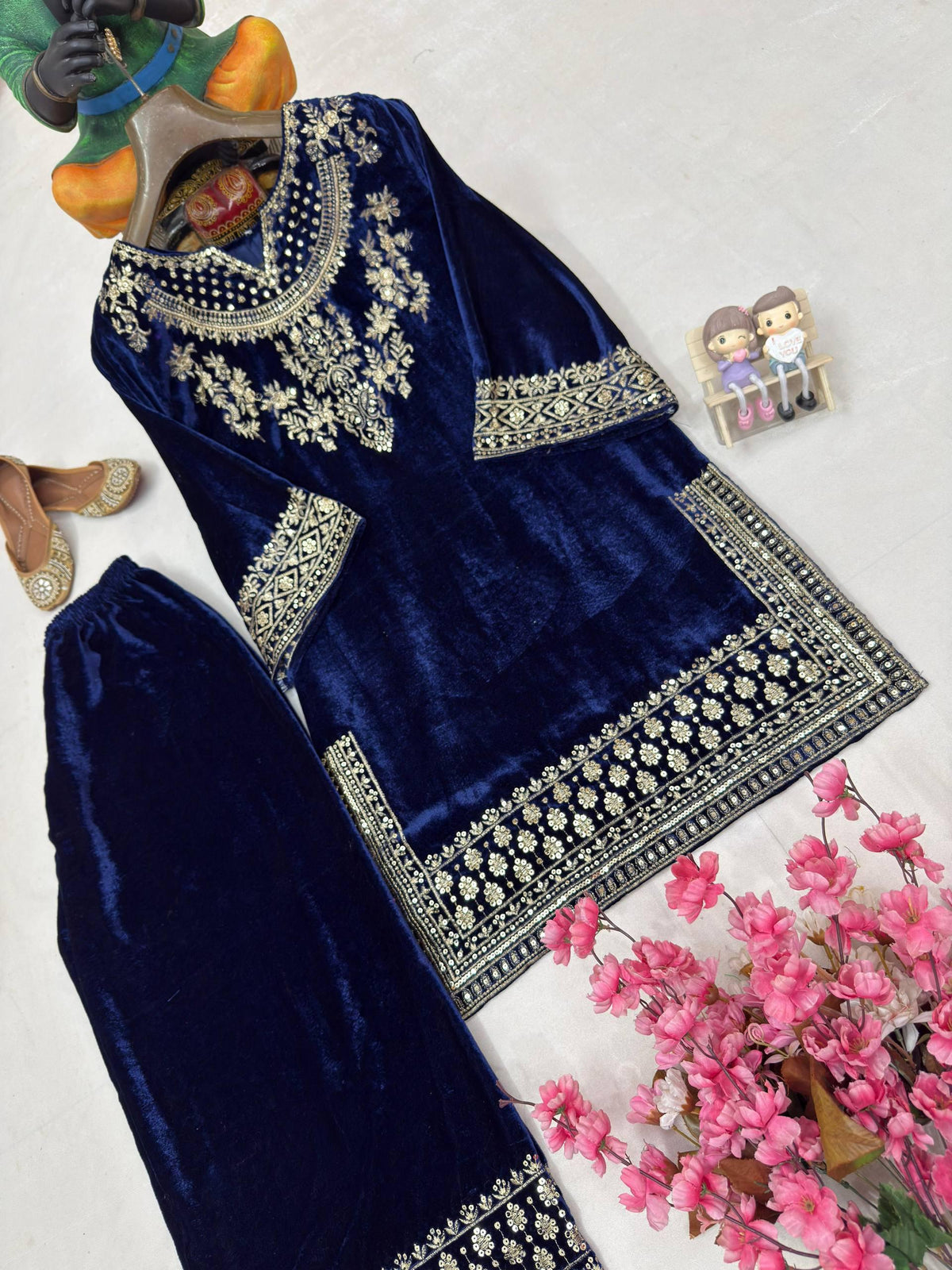 Velvet Sequins Zari Work Kurti Palazzo Set by Ethenika - ready to wear party outfit