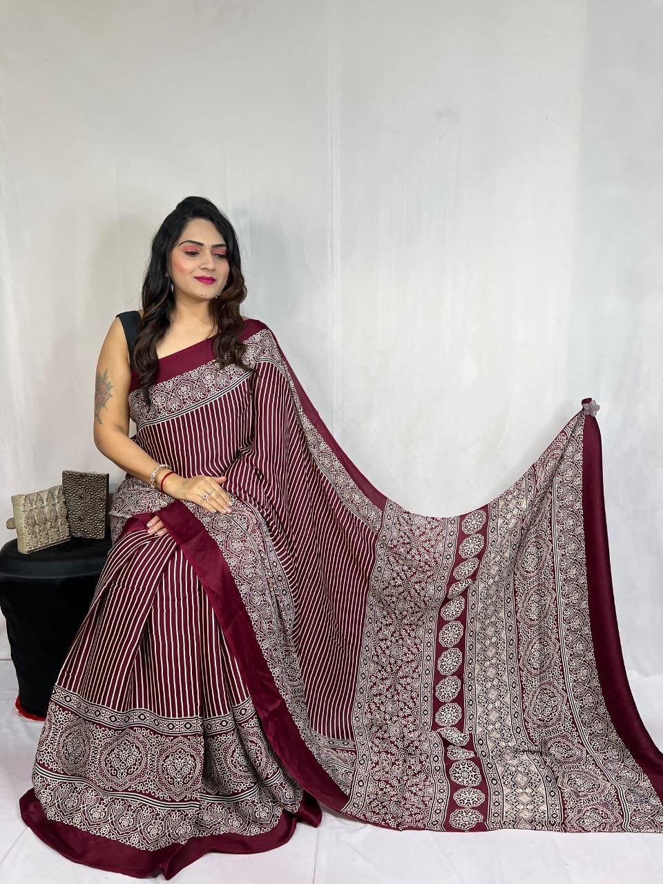 Modal Silk Authentic Hand Blocked Ajrakh work Saree - Premium from Ethenika.com - Just INR 3990! Shop now at Ethenika.com
