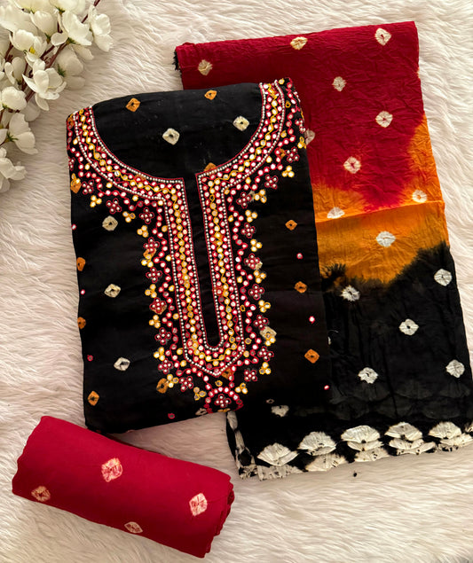 Cotton Neck Mirror Thread work Kutchi Bandhani Dress Material (Unstitched)