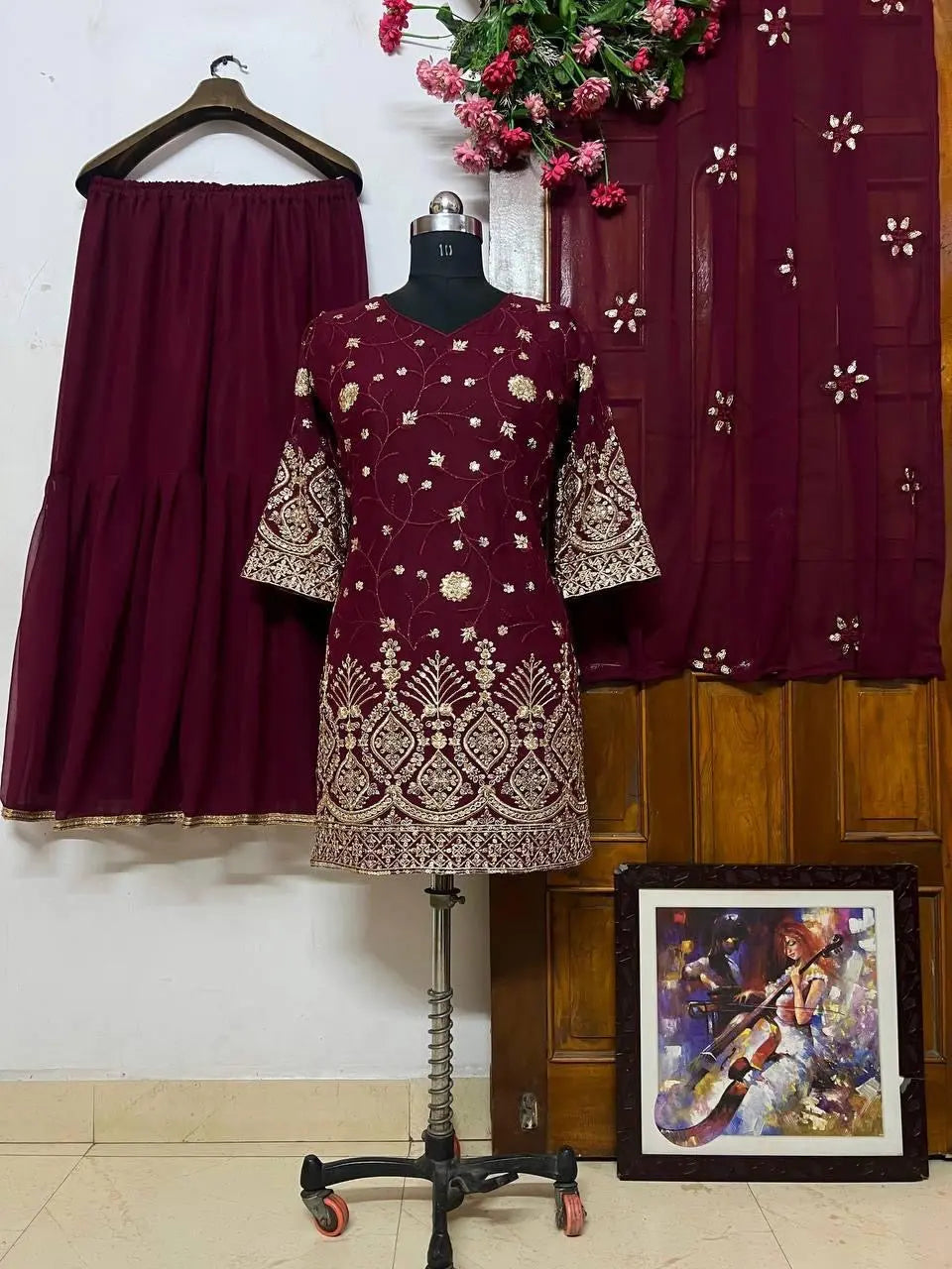 Georgette Sequence Embroidery Work Kurti Sharar Dupatta Set - Premium from Ethenika.com - Just INR 2590! Shop now at Ethenika.com