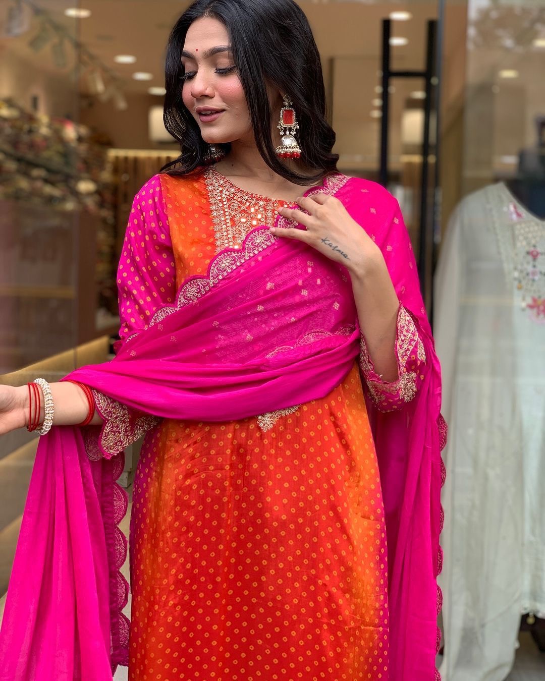 Chinon Digital Bandhani Print with Neck Thread Embroidery work Kurti Pant Dupatta Set(Stitched) - Premium from Ethenika.com - Just INR 2990! Shop now at Ethenika.com