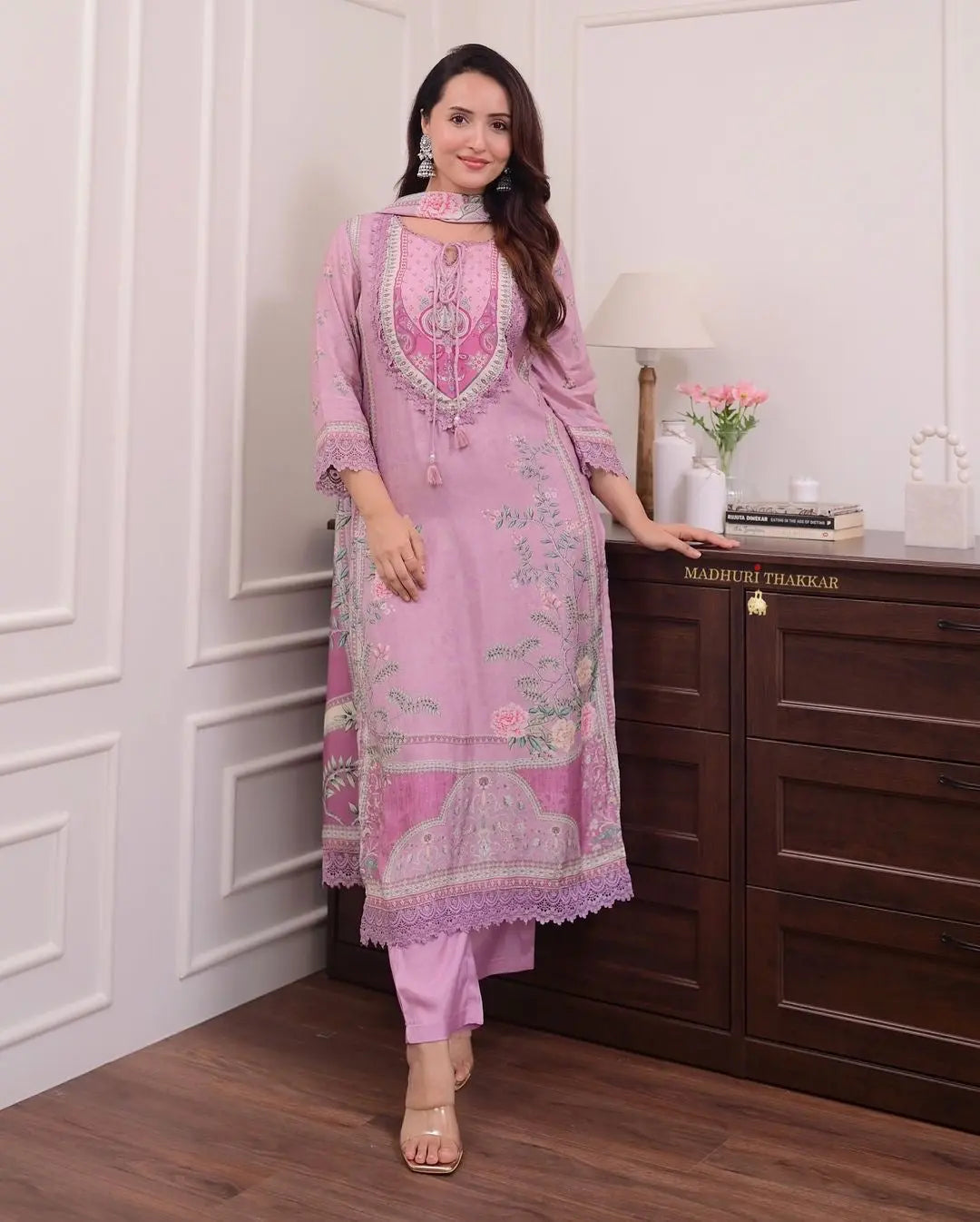 Lilac Muslin Floral Digital Printed Pakistani Kurti Pant Dupatta Set - Premium from Ethenika.com - Just INR 2490! Shop now at Ethenika.com