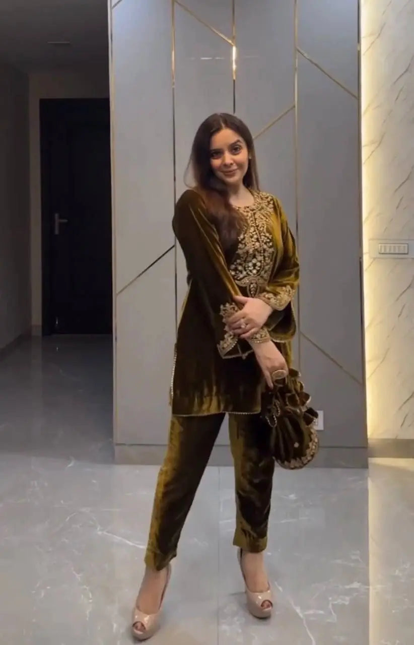 Neck Embroidery work Velvet Kurti Pant Set (Stitched) - Premium  from Ethenika.com - Just INR 2190! Shop now at Ethenika.com