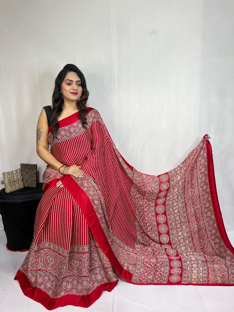 Modal Silk Authentic Hand Blocked Ajrakh work Saree - Premium from Ethenika.com - Just INR 3990! Shop now at Ethenika.com
