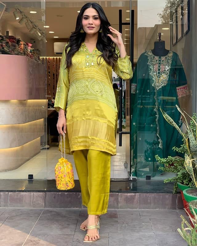 Chinon Silk Neck Mirror Work Bandhani Print Summer Special Ready to Wear Cord Set - Premium from Ethenika.com - Just INR 2190! Shop now at Ethenika.com