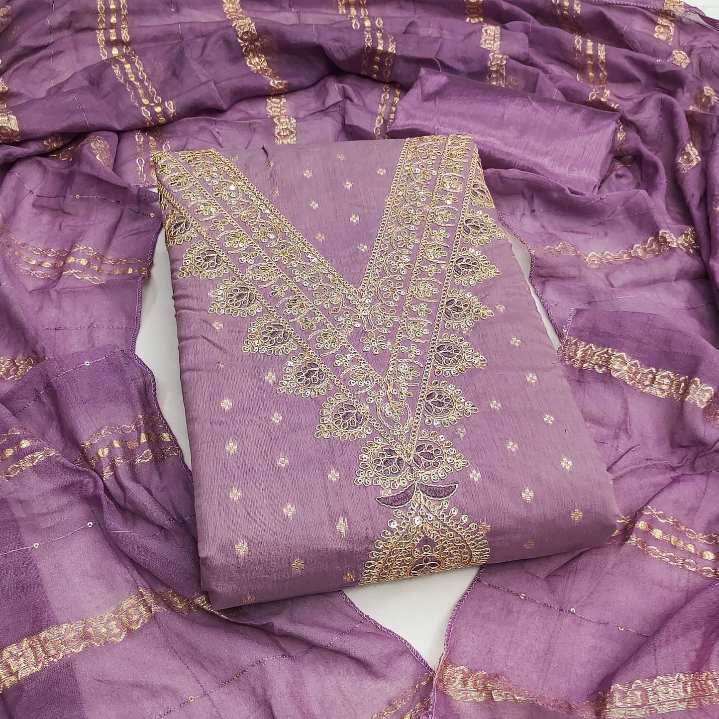 Chanderi Neck Sequence Embroidery Work Dress Material (Unstitched)