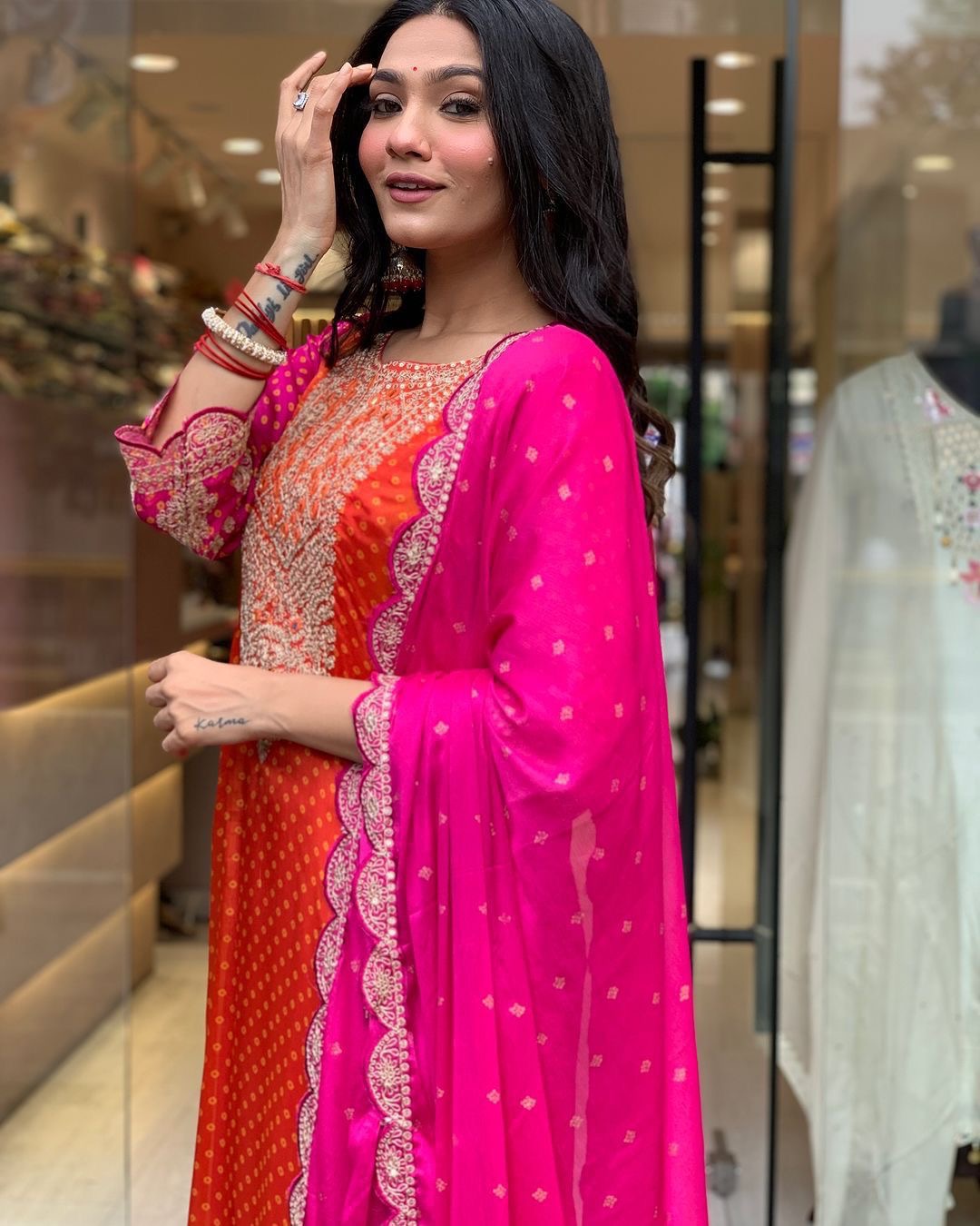 Chinon Digital Bandhani Print with Neck Thread Embroidery work Kurti Pant Dupatta Set(Stitched) - Premium from Ethenika.com - Just INR 2990! Shop now at Ethenika.com