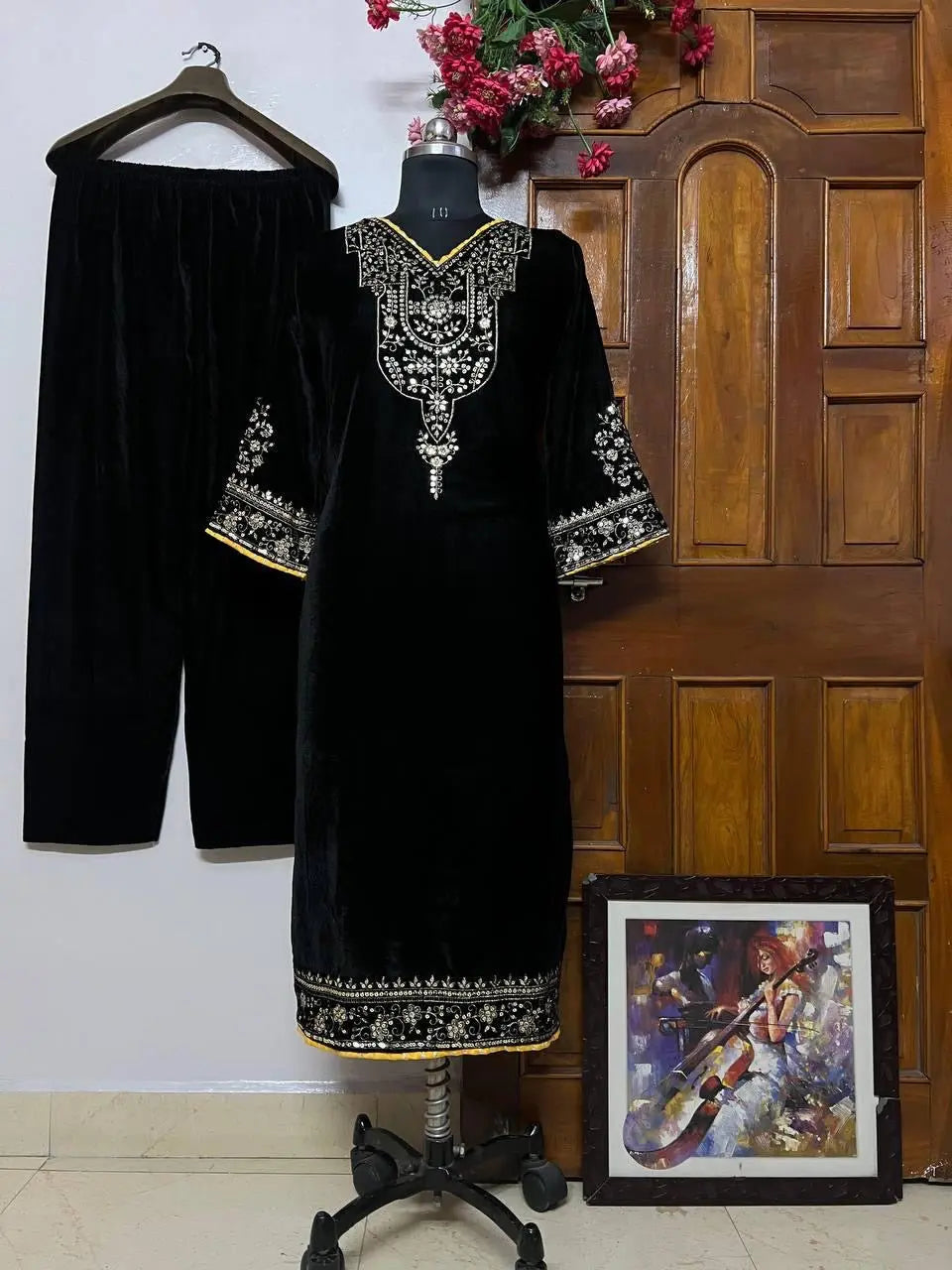 Ethenika Sequence Embroidery Work Velvet Kurti Pant Set - Premium from Ethenika.com - Just INR 2590! Shop now at Ethenika.com