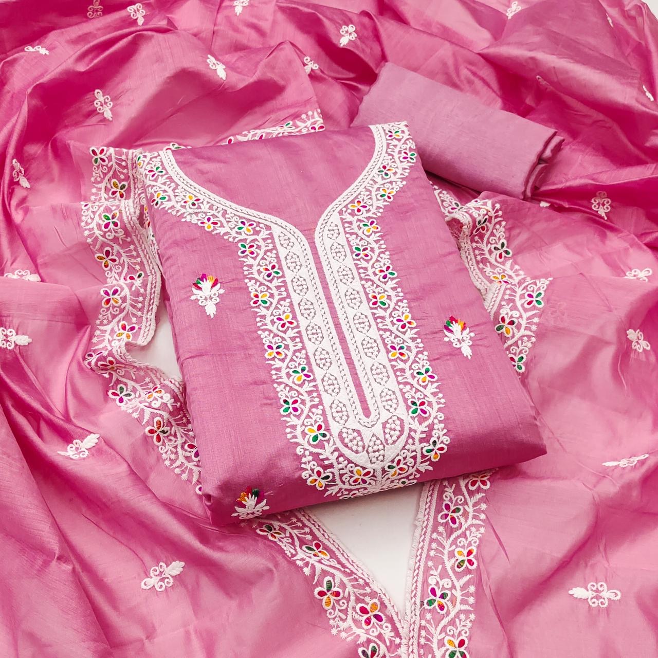 Heavy Chanderi Neck Embroidery work Dress Material (Unstitched) - Premium from Ethenika.com - Just INR 0! Shop now at Ethenika.com