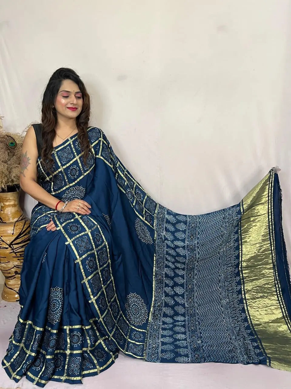 Modal Silk Original Hand Blocked Ajrakh work Lagdi Pallu Saree - Premium from Ethenika.com - Just INR 5990! Shop now at Ethenika.com
