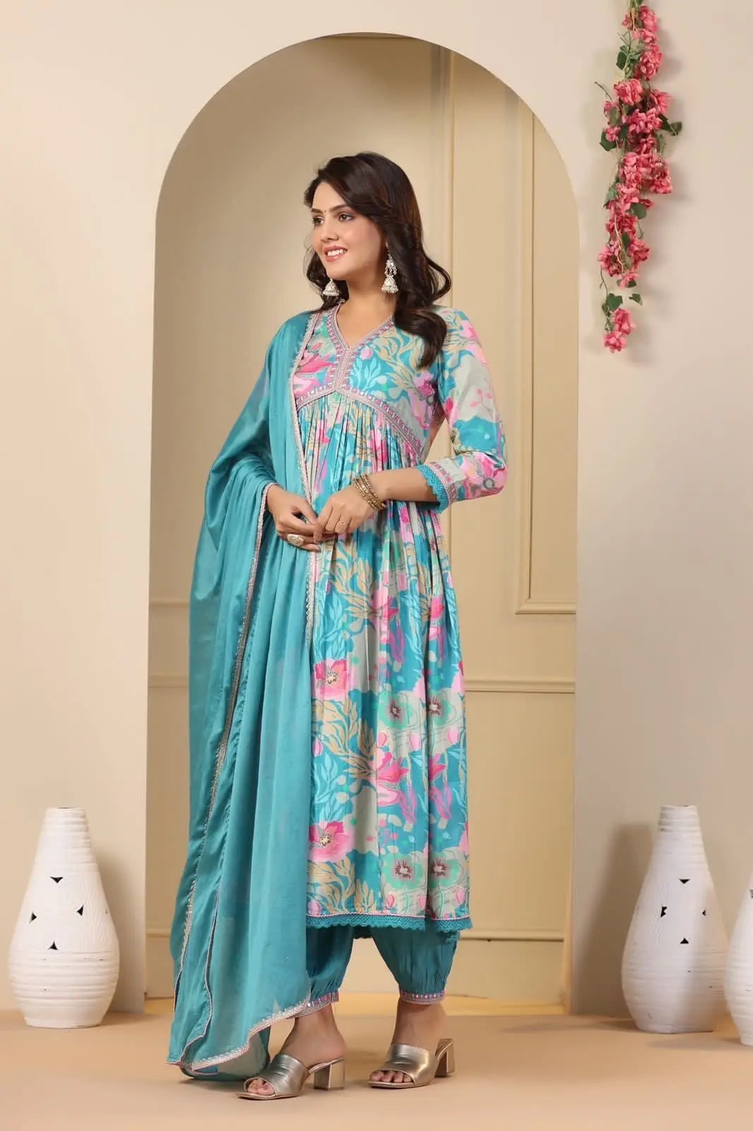 Muslin Alia Cut Zari Embroidery Digital Print work Kurti Pant Set (Stitched) - Premium from Ethenika.com - Just INR 1990! Shop now at Ethenika.com