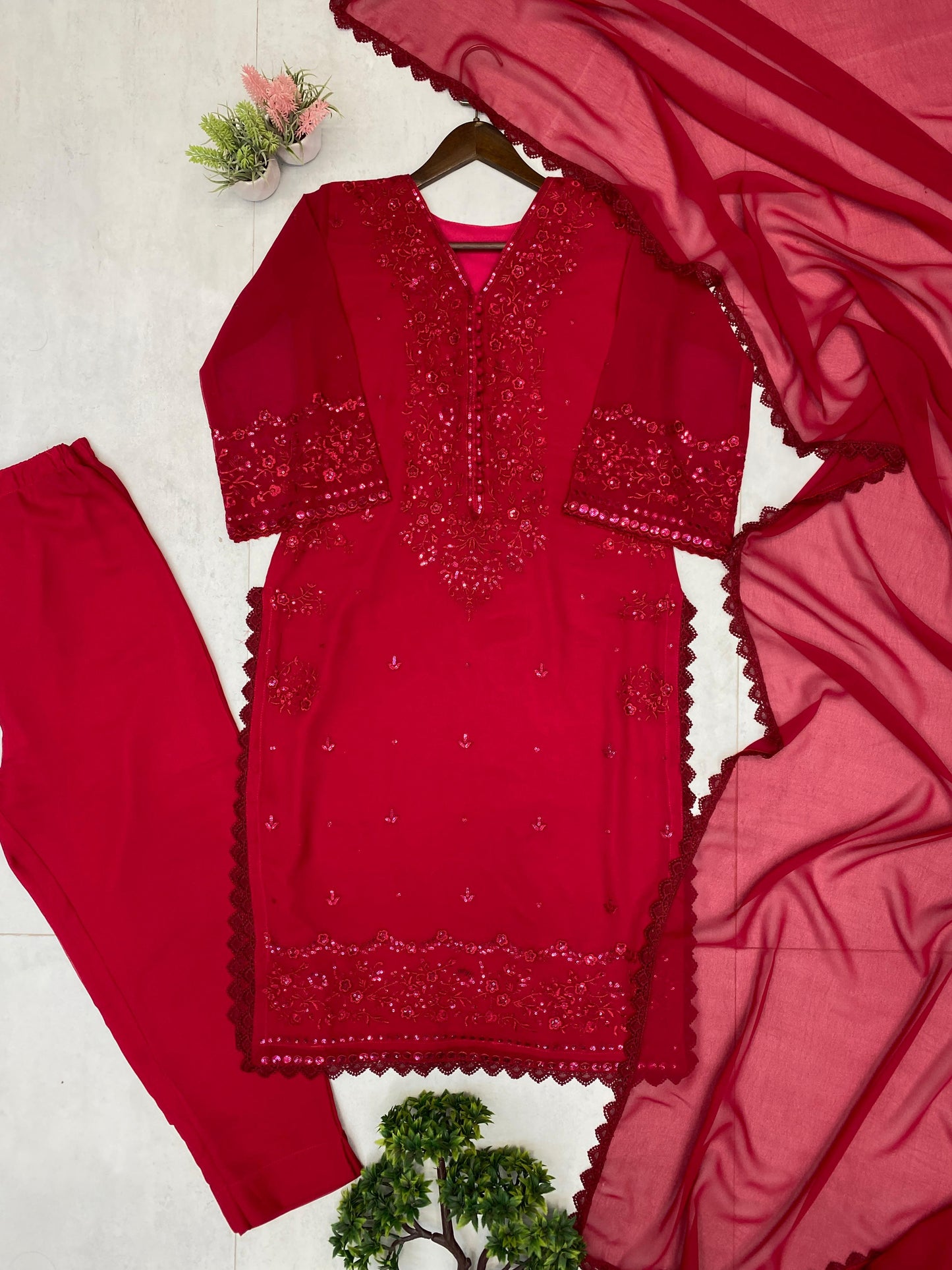 Karwachauth Sepcial Faux Georgette Sequence Embroidery Work 3 Pc Kurti Palazzo Dupatta Set (Ready to Wear)