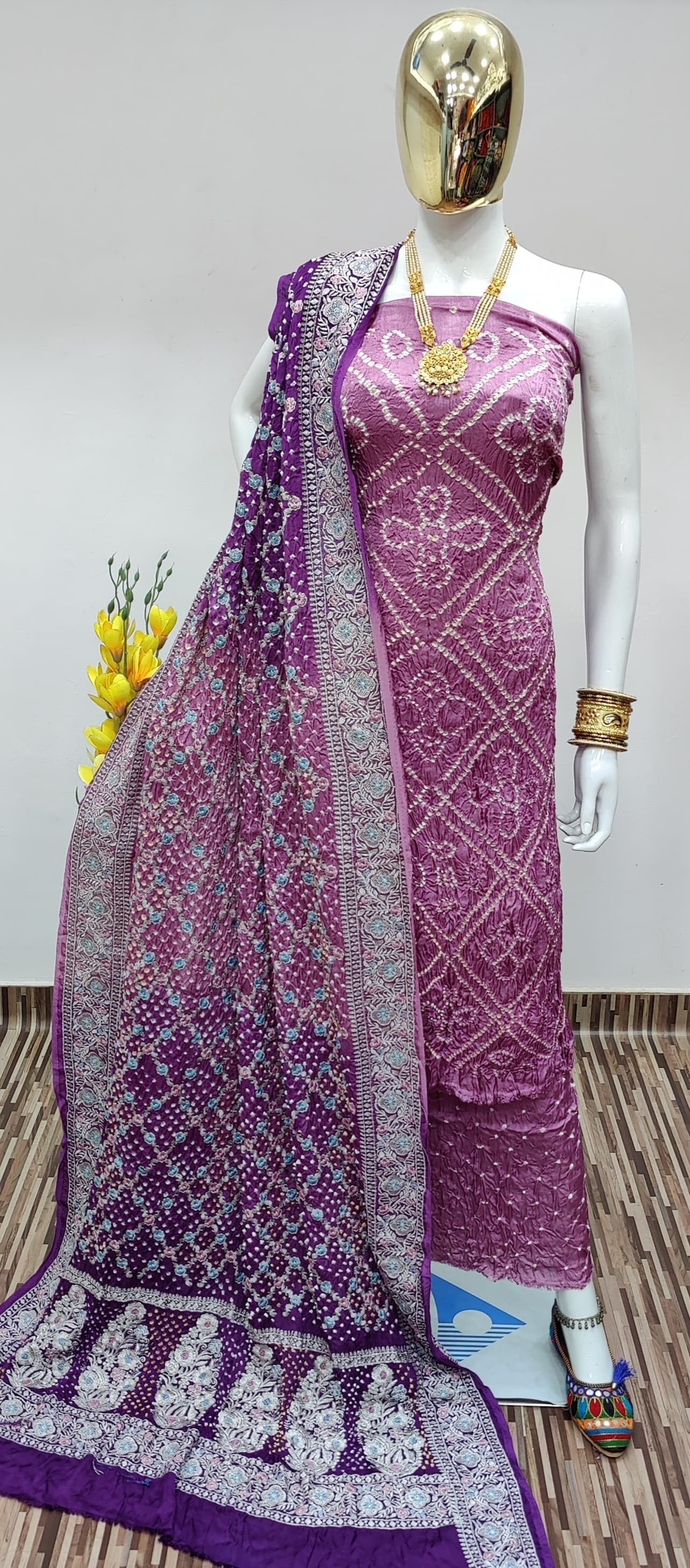 Modal Ghazi Silk Barik Bandhej Work Authentic Gujarati Bandhani Dress Material (Unstitched) - Premium from Ethenika.com - Just INR 8990! Shop now at Ethenika.com