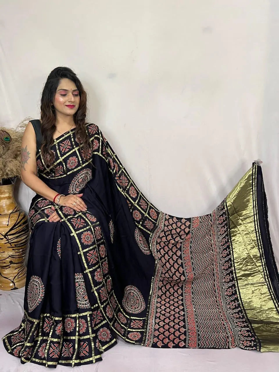 Modal Silk Original Hand Blocked Ajrakh work Lagdi Pallu Saree - Premium from Ethenika.com - Just INR 5990! Shop now at Ethenika.com